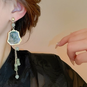 New Chinese style ink painting bamboo leaves dangle earrings with tassels for women