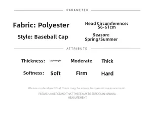 Detailed chart for mesh baseball cap with polyester fabric specs and 56-61cm head size