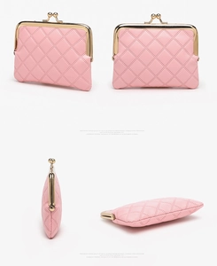 Pink quilted PU leather coin purse with golden metal kiss lock clasp detail and multi-angle views