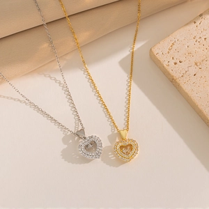 Sparkling minimalist heart pendant necklace set in gold and silver plating with pavé stones