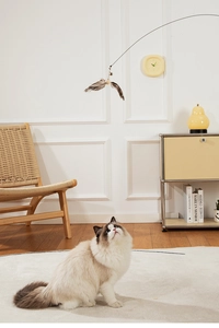 Extra long flexible steel cat wand with natural feathers and bell for active play