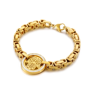 Gold-plated stainless steel Hamsa hand bracelet with Byzantine chain and cubic zirconia