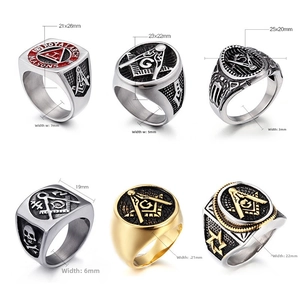 Detail showing various Masonic rings with skull and red enamel compass emblems on steel