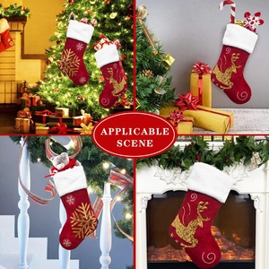 Vistas detalladas de calcetines navideños de terciopelo rojo con lentejuelas en varios entornos