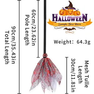 Detailed dimensions of Halloween witch broom with red spider web mesh and 90cm total length