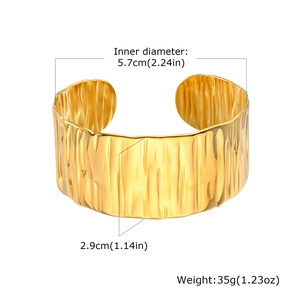 Detail showing dimensions of golden multi-layer cuff bracelet with hammered texture
