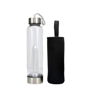 Creative glass crystal energy water bottle with stainless steel lid and black sleeve