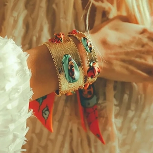 French vintage matte gold cuff bracelet featuring colorful silk scarf weaving details