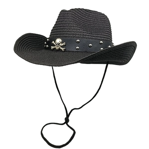 Black straw cowboy hat with skull metal stud band and adjustable chin strap