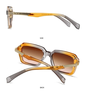 Detail view of square aviator sunglasses featuring gradient frames and gold metal accents
