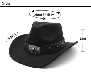 Close-up of western wool felt hat with vintage leather band and silver bull head buckle