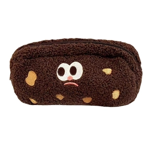 Cute cookie-shaped plush pencil case with embroidered expression and zipper closure
