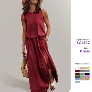 Dames Zomer Mouwloos Ronde Hals Maxi Jurk Elegant Effen Zijsplit Geresilleerd Lange Zonnejurk Casual Vakantie Strandkleding