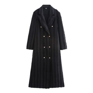 Women Long Double Breasted Trench Coat Black Fringe Raw Edge Streetwear Polyester Suit Jacket Outerwear