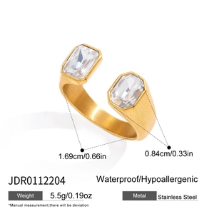 Adjustable golden stainless steel ring with two rectangular cubic zirconia stones