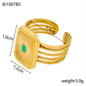 Detail view of gold square ring with green gemstone showing dimensions 1.6cm and 5.0g weight
