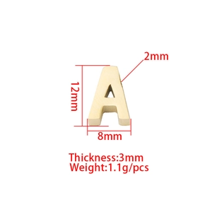 Detailed dimensions of gold letter A stainless steel bead with 12mm height and 8mm width