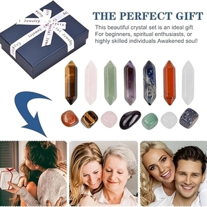 Natural crystal stone set with 7 hexagonal points and 7 tumbled stones in a blue gift box