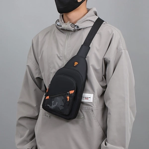 Minimalist black men's chest bag with orange zippers and camouflage pattern detail