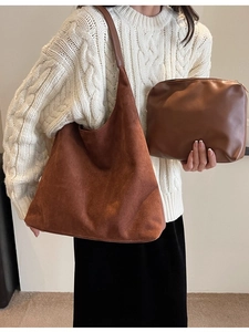Vintage brown suede tote bag set for women with minimalist retro shoulder bucket bag style