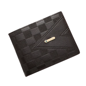 Men's bifold business wallet in brown checkerboard leather with gold metal plaque