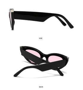 Detailed side and back views of narrow black cat eye sunglasses with pink lenses