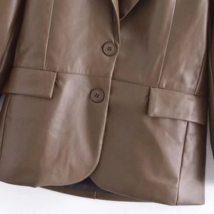 Chic dark brown faux leather blazer for women with smooth texture and double buttons