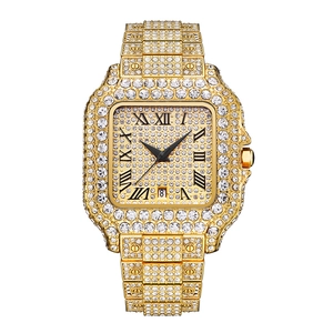 Luxurious gold-plated square iced-out men's watch with full crystal pavé and Roman numerals