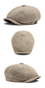 Detailed views of a breathable linen newsboy cap in oatmeal color with woven texture
