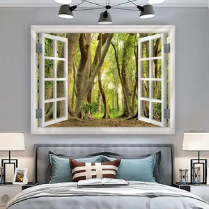 Decorazione a parete per camera con arazzo vista finestra 3D e foresta soleggiata