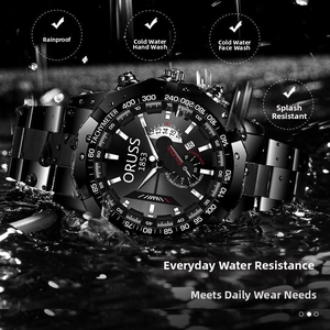 Waterproof test of ORUSS men's chronograph watch showing water splashes and steel band