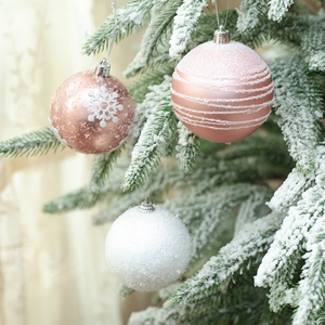 Christmas tree hanging ball set with snowflake painted designs in rose gold and pink