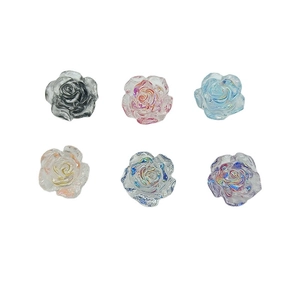 Set of six 3D resin camellia flower charms for nail art with iridescent AB glitter finish