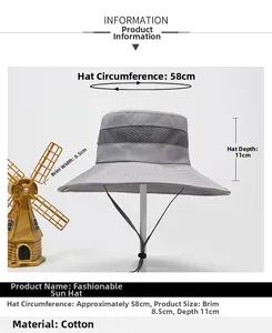 Detail view of cotton sun hat showing 8.5cm wide brim and breathable mesh design