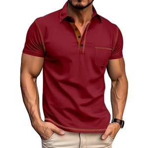 Detailed close-up of wine red men's Polo shirt with chest pocket and contrast stitching