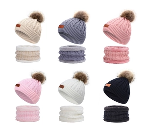 Detailed grid view of knit hat and scarf sets in beige, grey, pink, white, and black colors