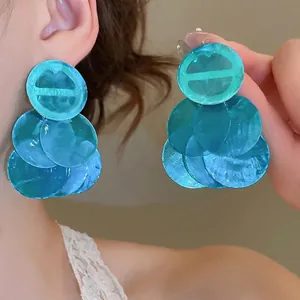 Layered turquoise shell tassel earrings for women bohemian style vacation accessory