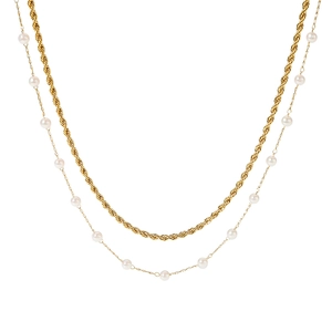 Double-layer 18K gold-plated stainless steel chain necklace with small white pearls