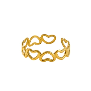 Detailed close-up of a gold-finish open ring featuring a continuous hollow heart pattern