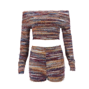 Detail of fuzzy knitted long sleeve crop top and high waisted shorts set in multi-color stripes