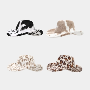 Western Cowboy Hat Faux Fur Leopard Cow Print Plush Wide Brim Warm Winter Fashion Adjustable For Women Men