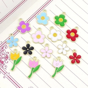 DIY colorful enamel tulip and smiley flower pendants with golden rings for jewelry making