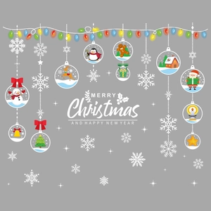 Flat vector Christmas window stickers with Santa, snowman and festive hanging ball decals