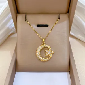 Elegant Star Moon Pendant Necklace With Titanium Steel Chain And Copper Zircon Sparkling Clavicle Chain For Women