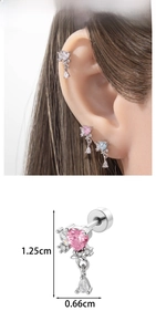 Macro shot of heart-shaped zircon earring with dimensions 1.25cm by 0.66cm