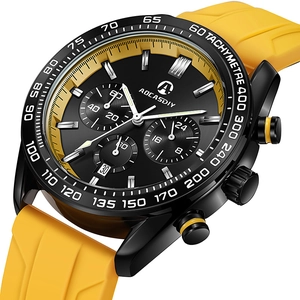 Black multifunctional sports chronograph watch with vibrant yellow silicone strap and date