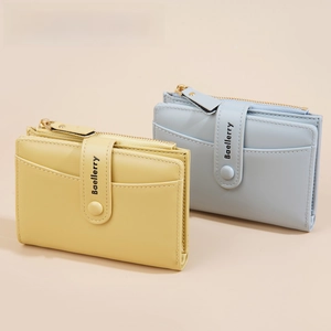 Short Wallet For Women PU Leather Bifold Snap Button Purse With Zipper Coin Pocket Multi Card Slots Elegant Solid Color