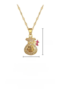 Detailed view of lucky pouch pendant with measurements 2.2x1.2cm and 45cm chain length