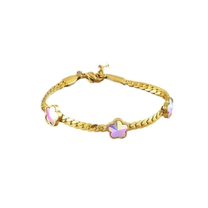 Golden stainless steel chain bracelet with three colorful iridescent flower pendants