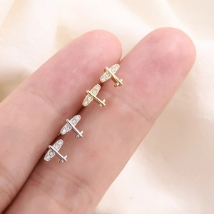Mini Airplane Stud Earrings For Women Tiny Copper Metal With Shiny Zircon Inlaid Minimalist Delicate Airplane Jewelry